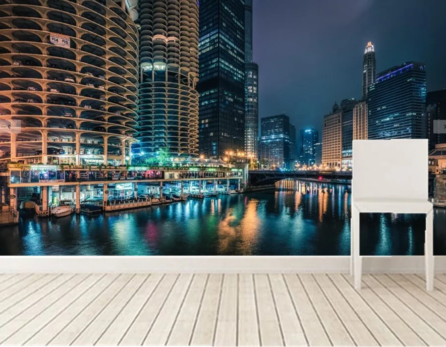 Custom 3d murals,Skyscrapers River Chicago city Night Street lights city wallpapers,living room TV wall bedroom papel de parede