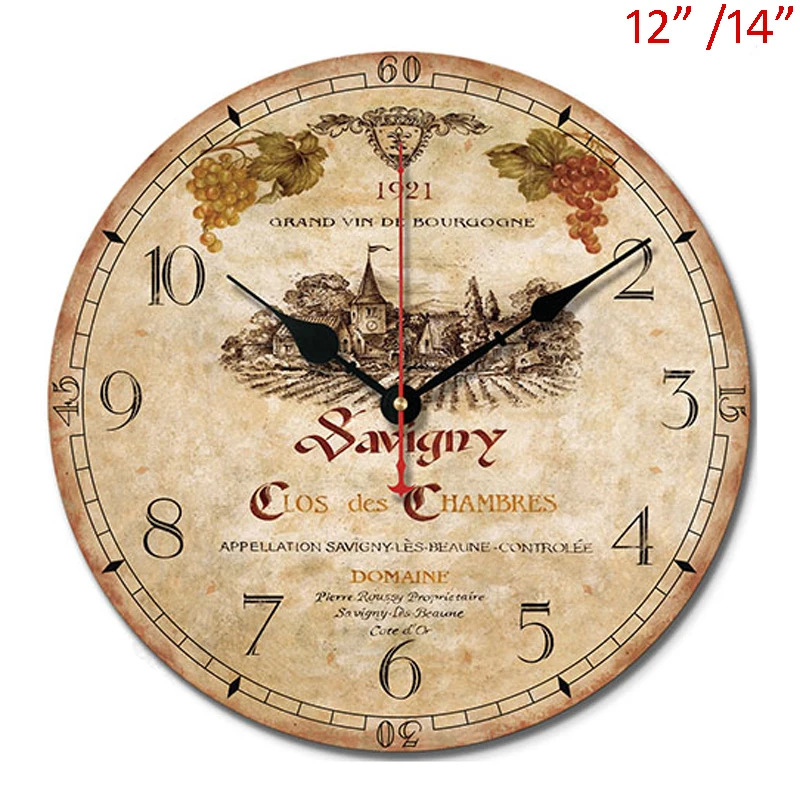 Grape Plantation Vineyard Wooden Wall Clock Vintage 30, 35cm Round Single Sided MDF Clock Black Arabic Numbers Black Red Hands