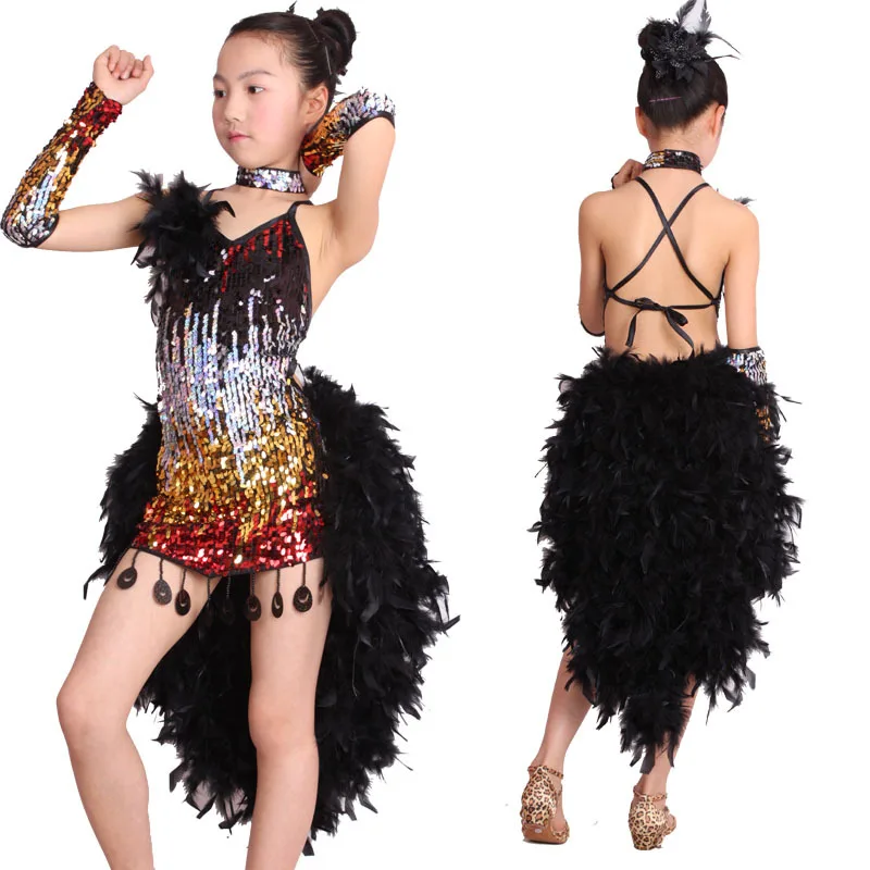 Hot New Girls Latin Dance Dress Costume Shining Sequin+Sexy Feather Skirt Salsa Jazz Ballroom Dance Performance/Competition Wear