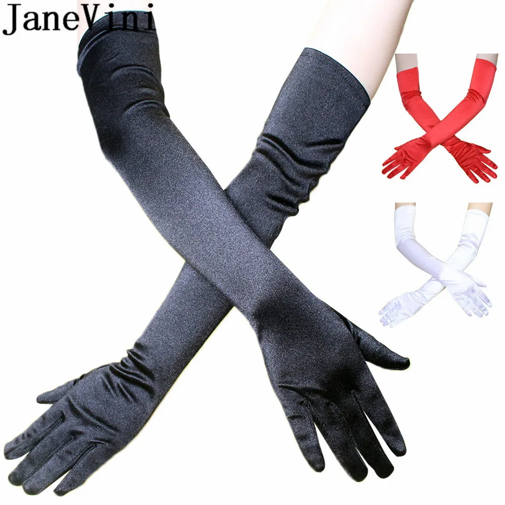 

JaneVini 55CM Long Satin Wedding Gloves for Bride 21.6" Elbow Length Full Finger Bridal Gloves Evening Party Gant Mariage Blanc