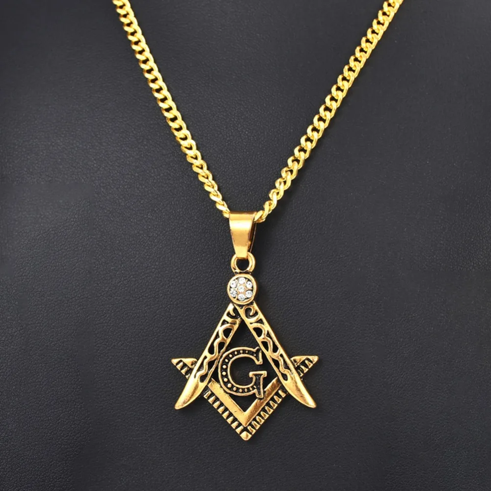 Vintage Masonic Symbol Necklaces Male Gold Color Stainless Steel Punk Fashion Freemason Mason Pendant With 20-27\