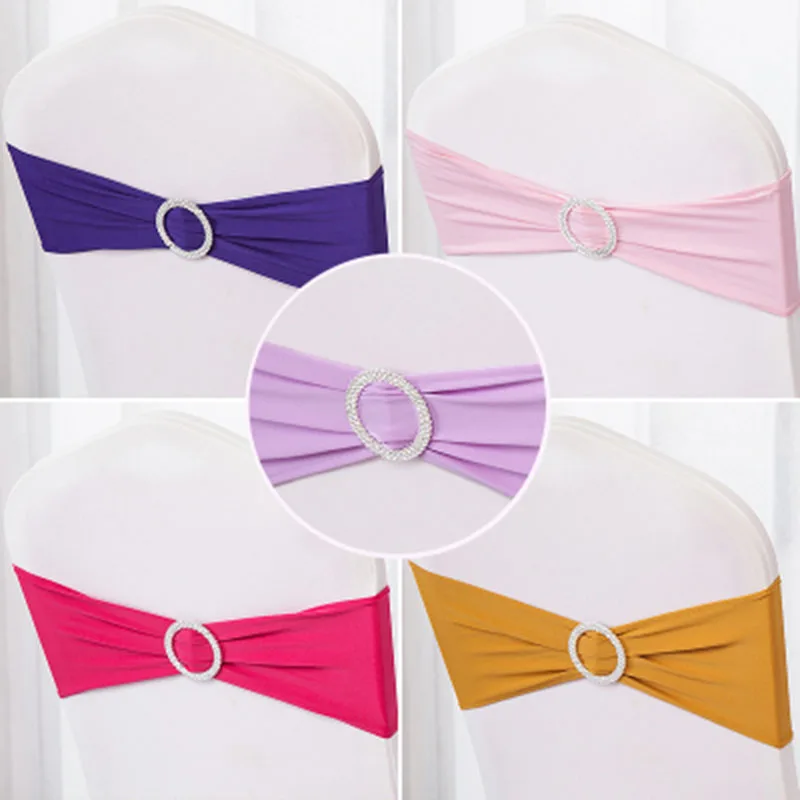 

100PCS/Lot Chair Sash Bands Spandex 15X35cm Stretch Chair Cover Sashes Bows Tith Diamond Ring for Wedding Party