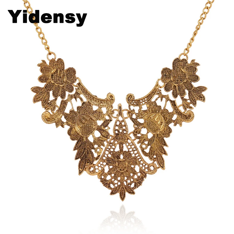 Yidensy Fashion Metal Lace Pendant Bib Necklaces Antique Gold Silver Color Hollow Flower Filigree Choker for Women Party Jewelry