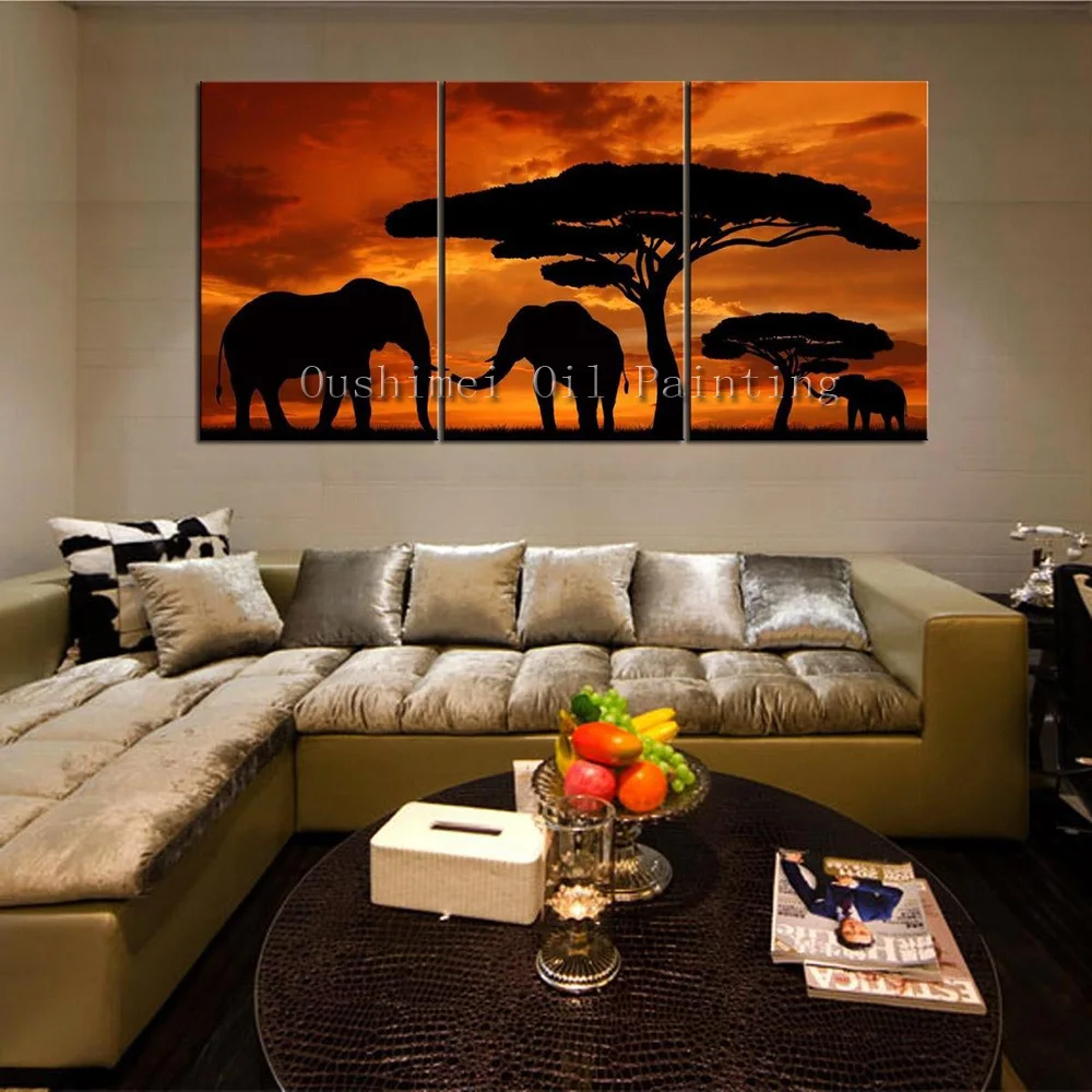 

Hand Paintd Landscape Oil Painting On Canvas Modern Africa Group of Paintings Hang Pictures Home Decor 3pcs Elephant Painting