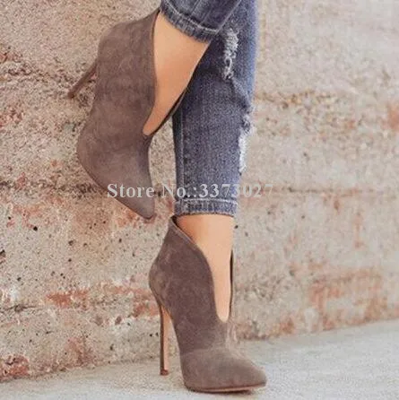 Classical Poined Toe Suede Ankle Boots Sexy 12cm Super Thin Heels Woman Short Boots Large Size 35--47 Factory Price Shoes