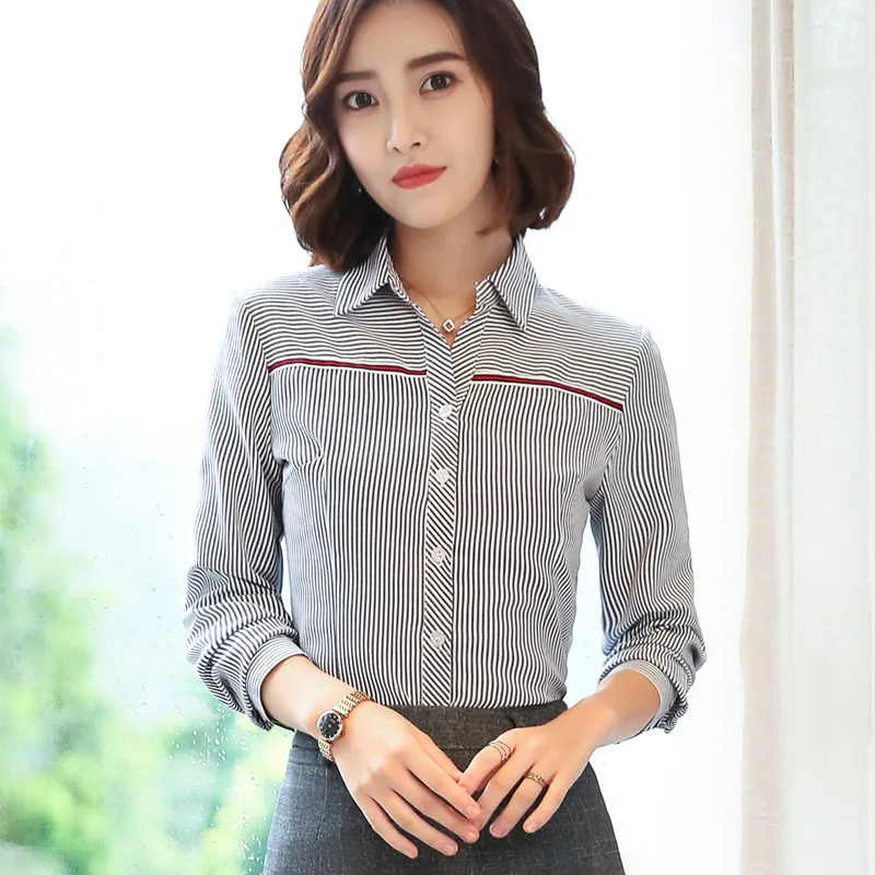 New Fashion Striped Design High Quality Cotton Shirt Formal Business Slim Long Sleeve Blouse Women Tops