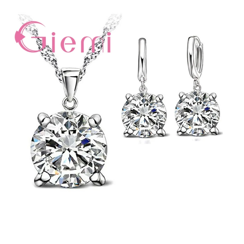 Classic Geometric Crystal Stone Necklace Earrings for Beloved Women Anniversary Party Jewelry Set Gift 925 Sterling Silver