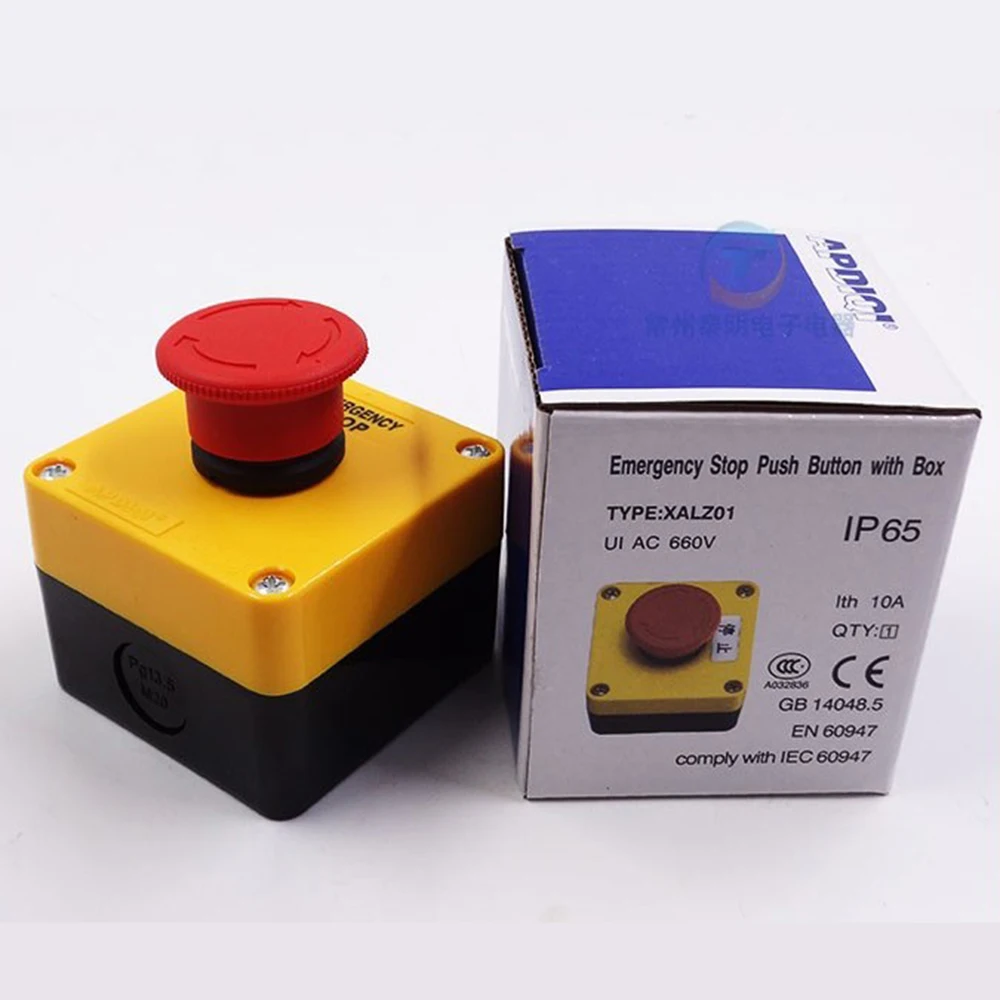 XB2 Y090 660 فولت 10A البلاستيك قذيفة الأحمر الفطر الطوارئ وقف مفتاح بـزر دفع الضغط على زر مفاتيح مع صندوق لحفرة المصعد