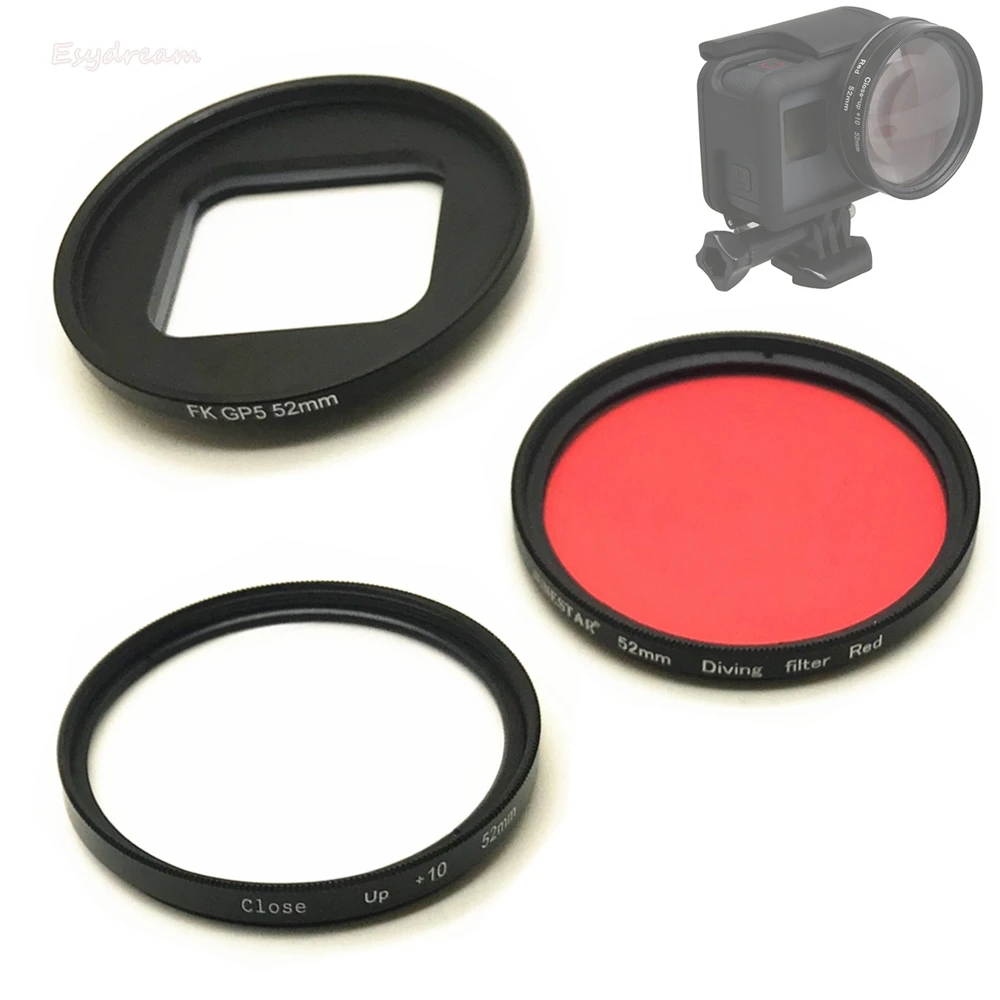 52mm Adapter + Red / Magenta Purple Diving Filter + 10X Close up Macro Underwater Color Correction Filter Kit for GoPro Hero 6 5