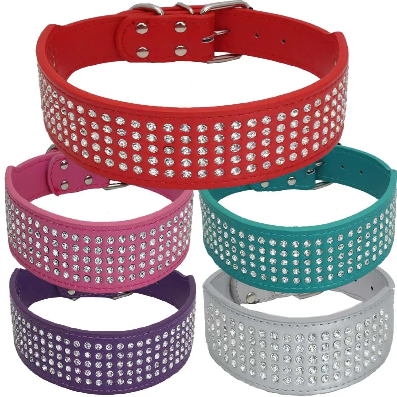 Rhinestone PU Leather Dog Collars 5 Row Diamante Bling for Large Dogs 5cm wide