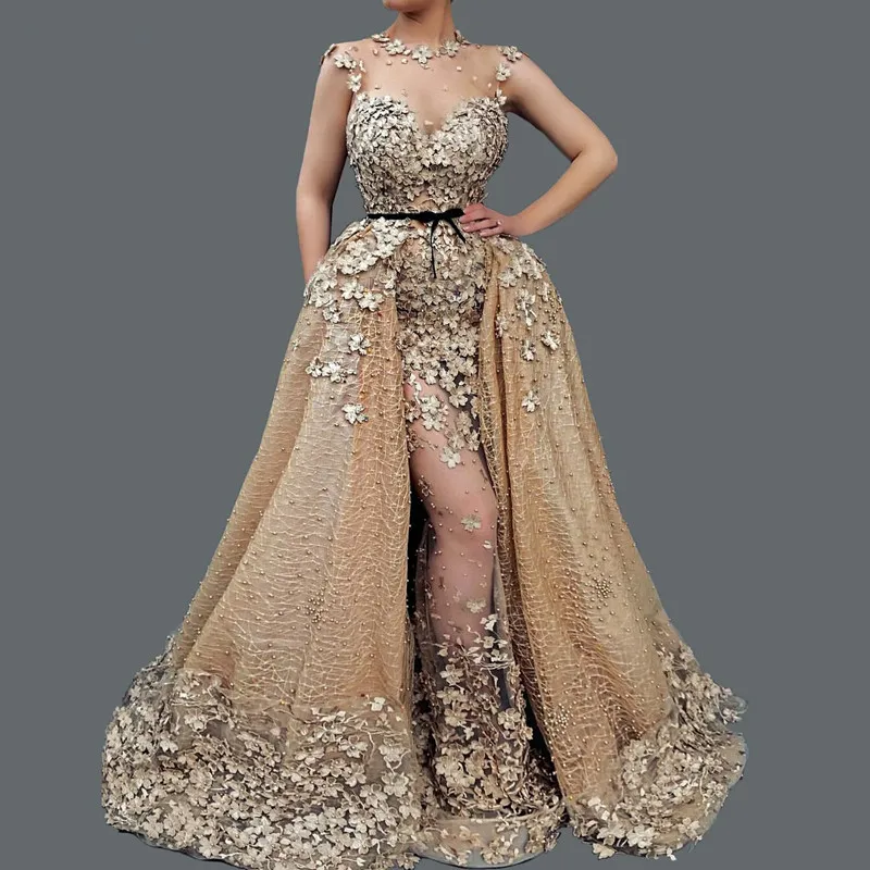 Vestidos longos de sereia feminino com trem destacável de flores 3D, vestidos de festa, champanhe, árabe saudita, formal, miçangas, 2021