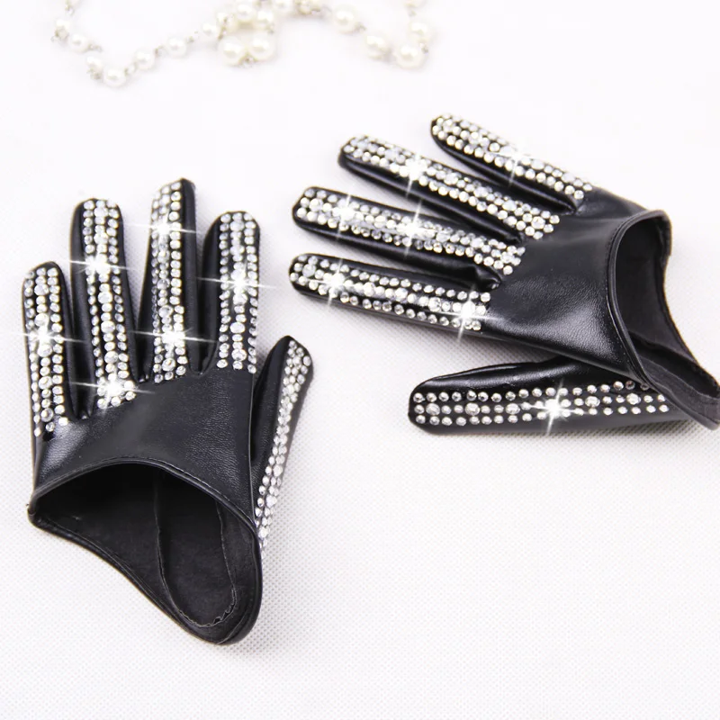 Women's fashion half palm Gloves lady's red white black PU leather gloves men's hip-hop rhinestone diy dancing gloves