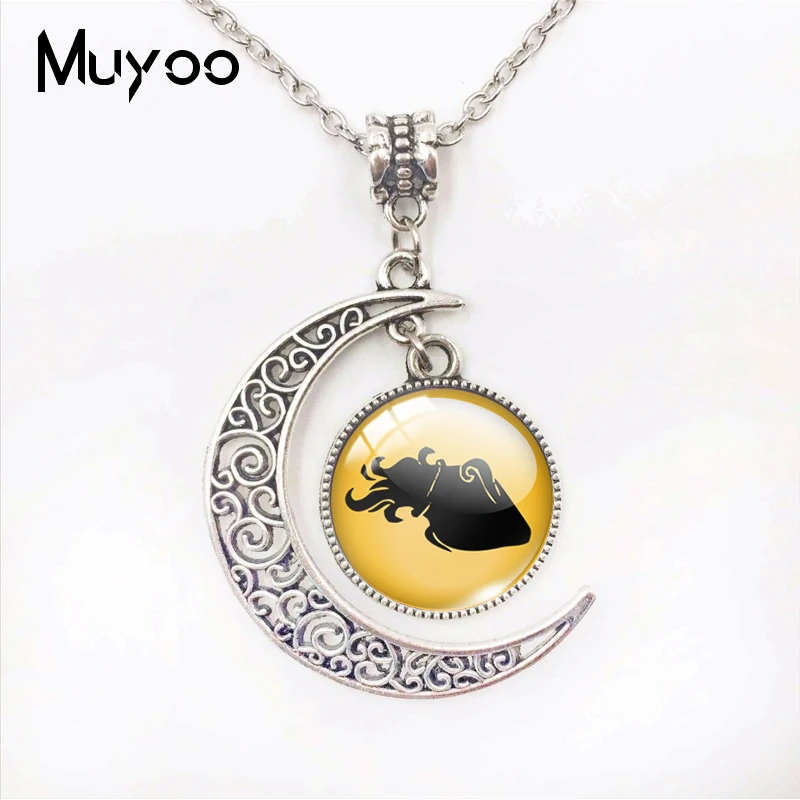 New Fashion Zodiac Aquarius Sagittarius Capricorn Sign Yellow Glass Dome Moon Pendants Zodiac Signs Handmade Moon Necklace