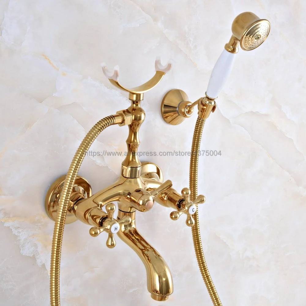 Golden Brass Wall Mount Bathtub Bathroom Faucet Telephone Style Mixer Faucet Tap with Dual Handle Handshower Nna953