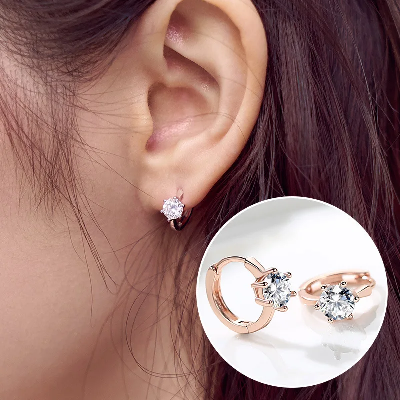 Classic Six Claw Ear Clip Earrings For Women Clear AAA+Cubic Zirconia Rose White Gold Color Fashion Jewelry For Girls KAE094