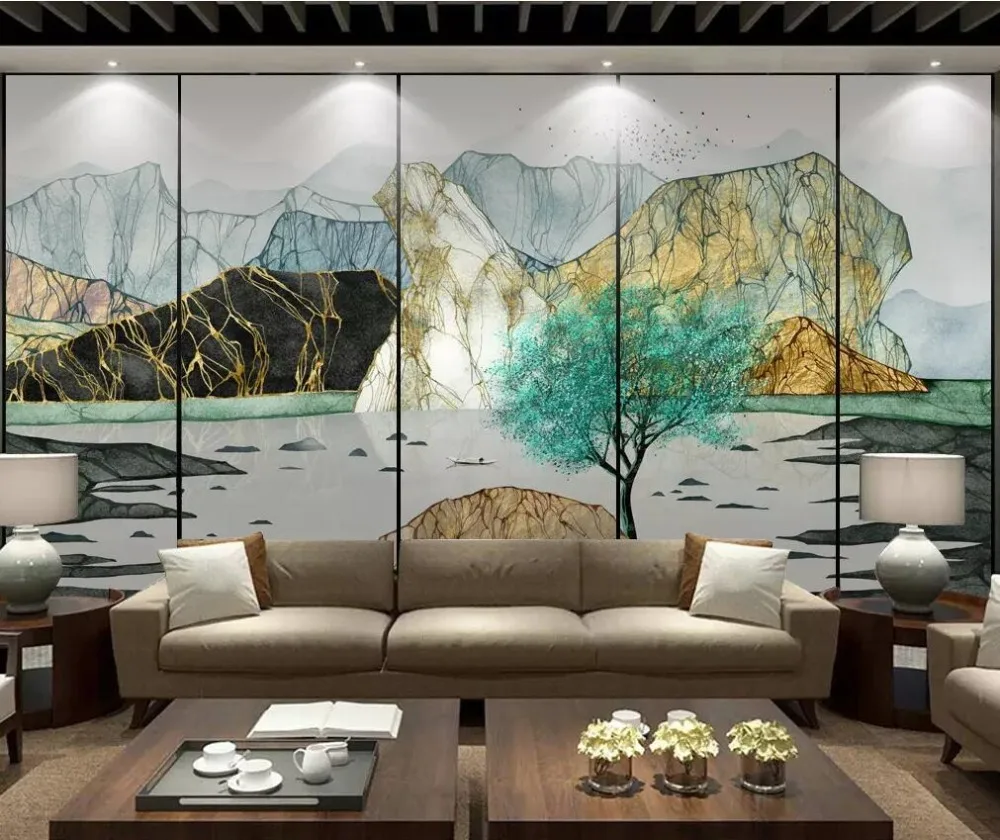 Nieuwe Chinese Moderne Zen Licht Luxe Abstracte Inkt Landschap Achtergrond Muurschildering