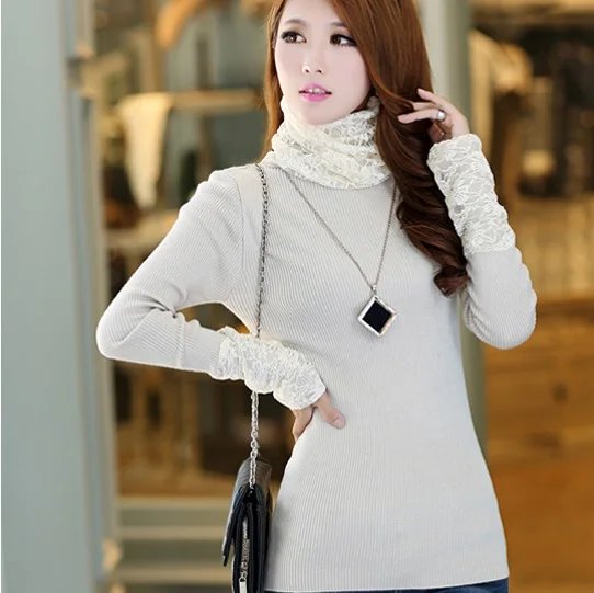 Autumn and winter female medium-long long-sleeve sweater turtleneck women's gentlewomen lace collar heap turtleneck basic shirt