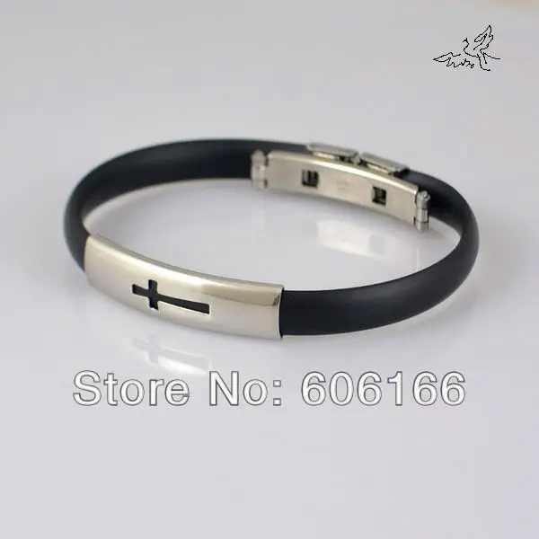 Cutout Cross Stainless Steel Bracelets Silicone Wristbands Christian Catholic Fashion Religious Jewelry