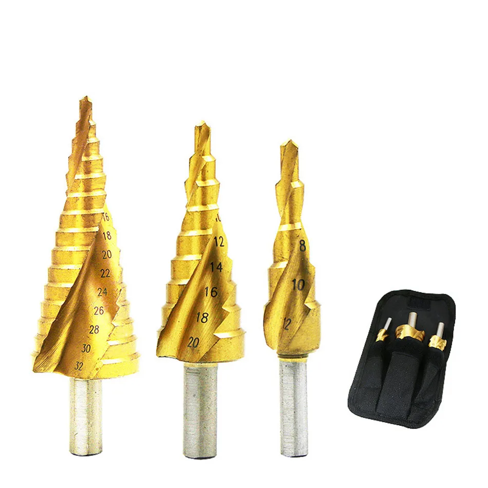 4241 Hexagonal handle stepped drill Titanium spiral groove step drill with triangular handle drill bie set  4-12 4-20 4-32mm3pcs