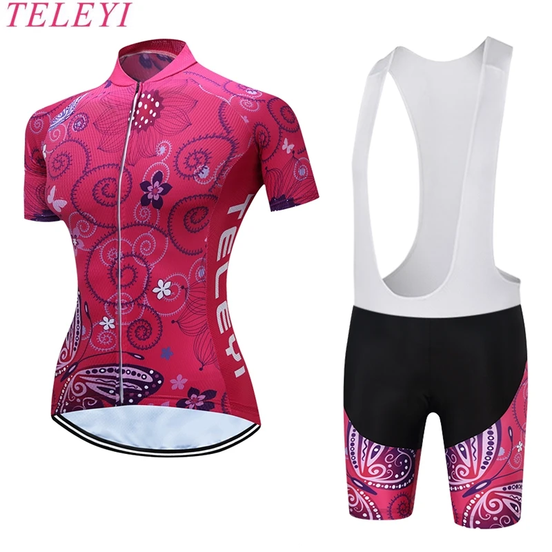 TELEYI Women's Cycling Jersey Shorts Sets Short Sleeve Padded Butterfly Pink