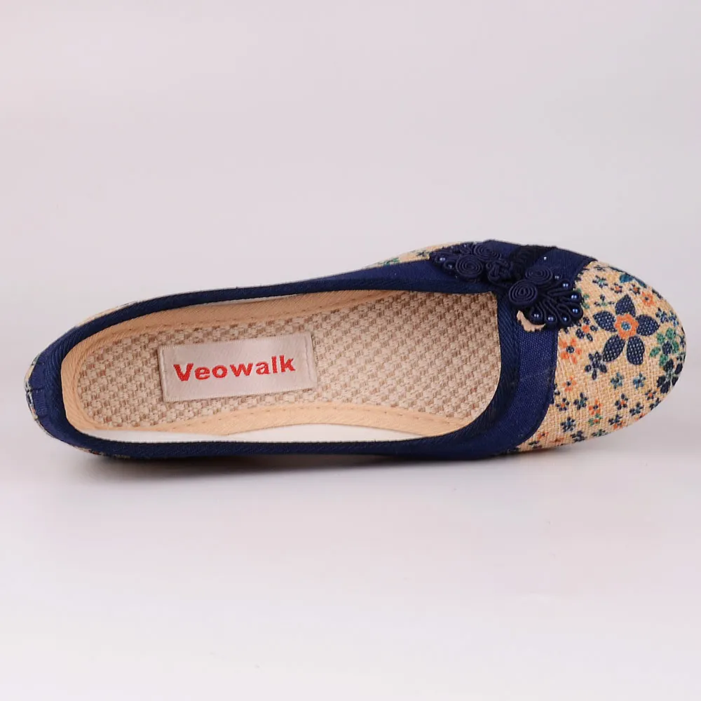 Veowalk Vintage Embroidered Women Pumps Flower Slip On Cotton Fabric Linen Comfortable Old Peking Ballerina High Heels Shoes