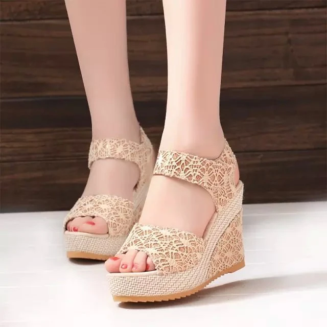 Women Sandals 2024 New Summer Fashion Lace Hollow Gladiator Wedges Shoes Woman Slides Peep Toe Hook & Loop Solid Lady Casual