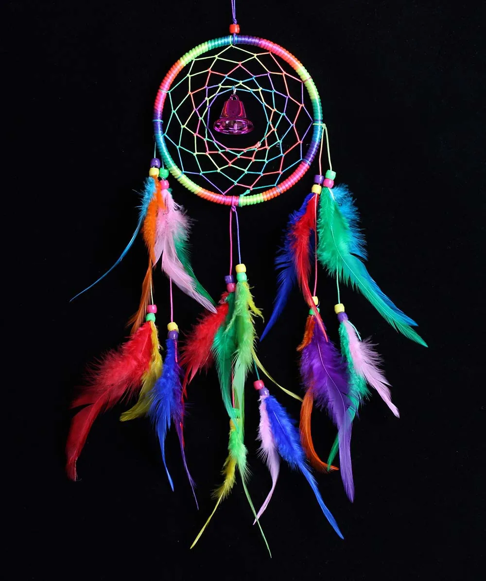 multicolor Dream Catcher Net one circle in rainbow color with colored beads bell and Feather pendant for decoration