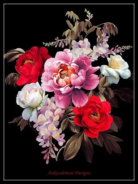 Embroidery Counted Cross Stitch Kits Needlework - Crafts 14 ct DMC Color DIY Arts Handmade Decor - Black Background Flowers 1