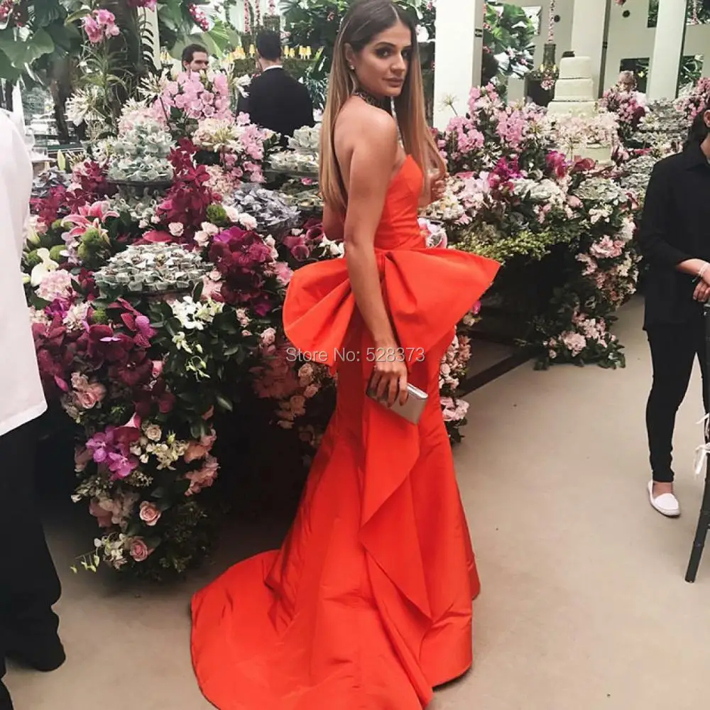 

YNQNFS ED35 Big Bow Back Ruched Fishtail Mermaid Evening Dress Party Dress rod Dress Real Photos Orange Red