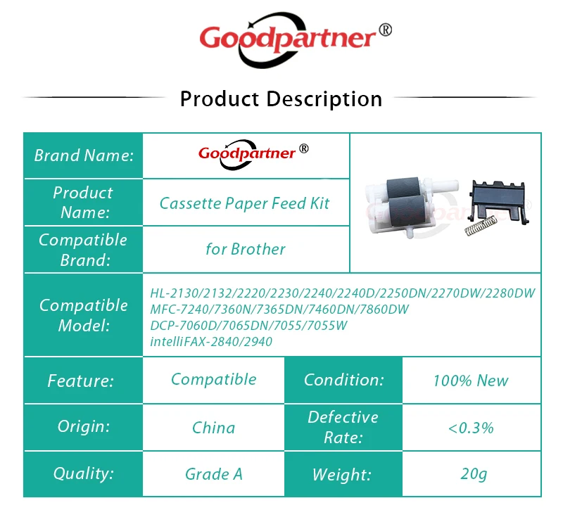1X LY3058001 Cassette Paper Feed Kit for Brother HL 2130 2132 2220 2230 2240 2250 2270 2280 MFC 7240 7360 7365 7460 7860 DCP7055