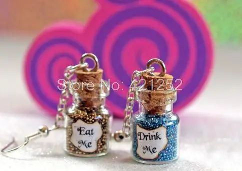 1pairs Eat Me and Drink Me Alice in Wonderland Magical glass Bottle dangle Earrings