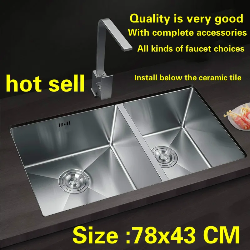 Free shipping Standard kitchen manual sink double groove wash the dishes durable food grade stainless steel hot sell 780x430 MM