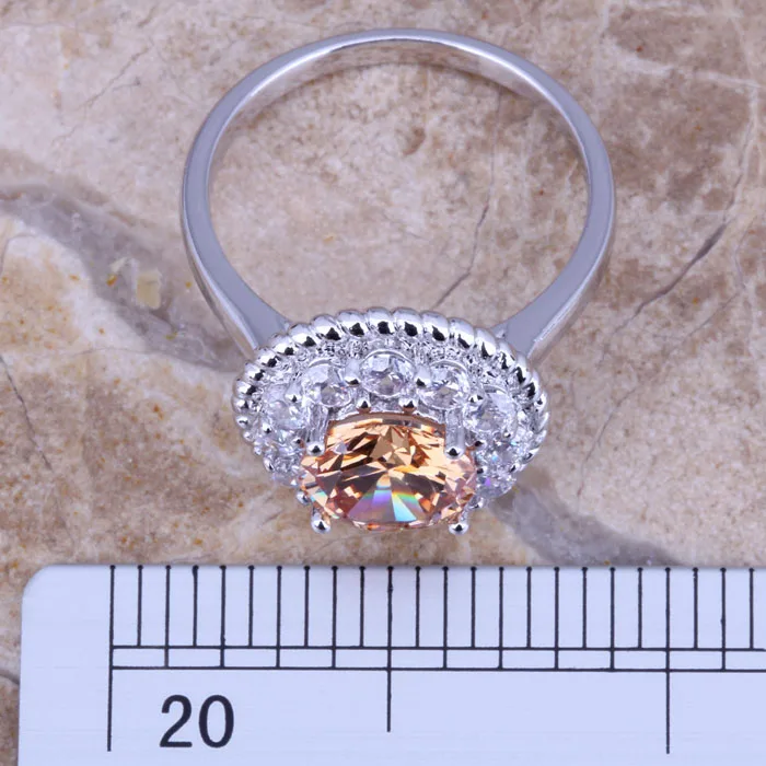 Pleasant Brown Morganite White CZ Silver Plated  Ring Size 6 / 7 / 8 / 9 R0241