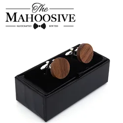 MAHOOSIVE Wooden Cufflinks France Wedding Groom Round Black Walnut Cufflinks For Mens shirt accessories Cuff Links men jewelry