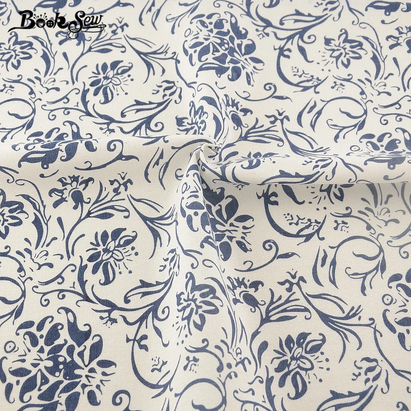 Booksew Blue Flower Design Cotton Linen Fabric Sewing Material For Tablecloth Pillow Bag Curtain Cushion Zakka  Home Textile