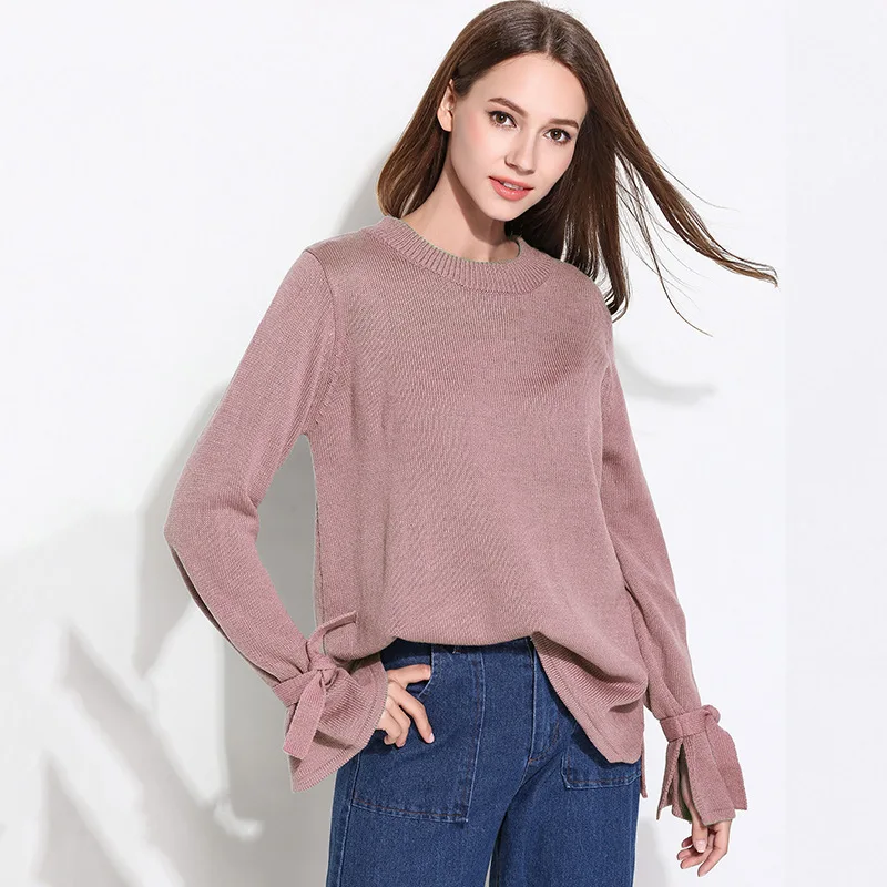 

Lady Knitted Warm Sweaters Girls Cross-boundary Round Collar Jumper Loose Sweater Women Bow Long-sleeved Knit Wear B-9252