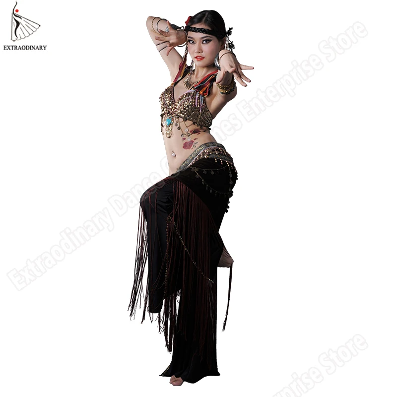 New Women ATS Tribal Belly Dance Bra Hip Scarf Costume Set Stage Performance Gypsy Top Belt Tassels 2Pcs Clothes 3 Colors