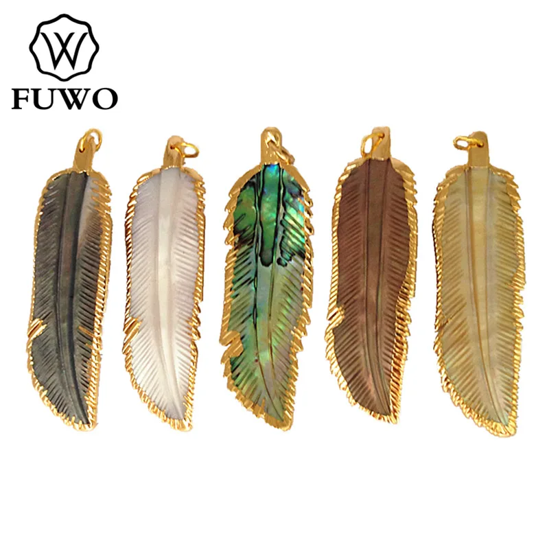 FUWO Wholesale Natural Shells Feather Pendant,Golden Plated Big Size Freshwater Shell Tribe Jewelry Prayer gift 5Pcs/Lot PD508