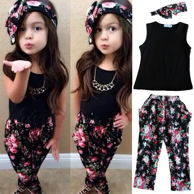 

Drop shipping Girls Fashion floral casual suit children clothing set sleeveless outfit +headband 2015 summer new kids clothes se