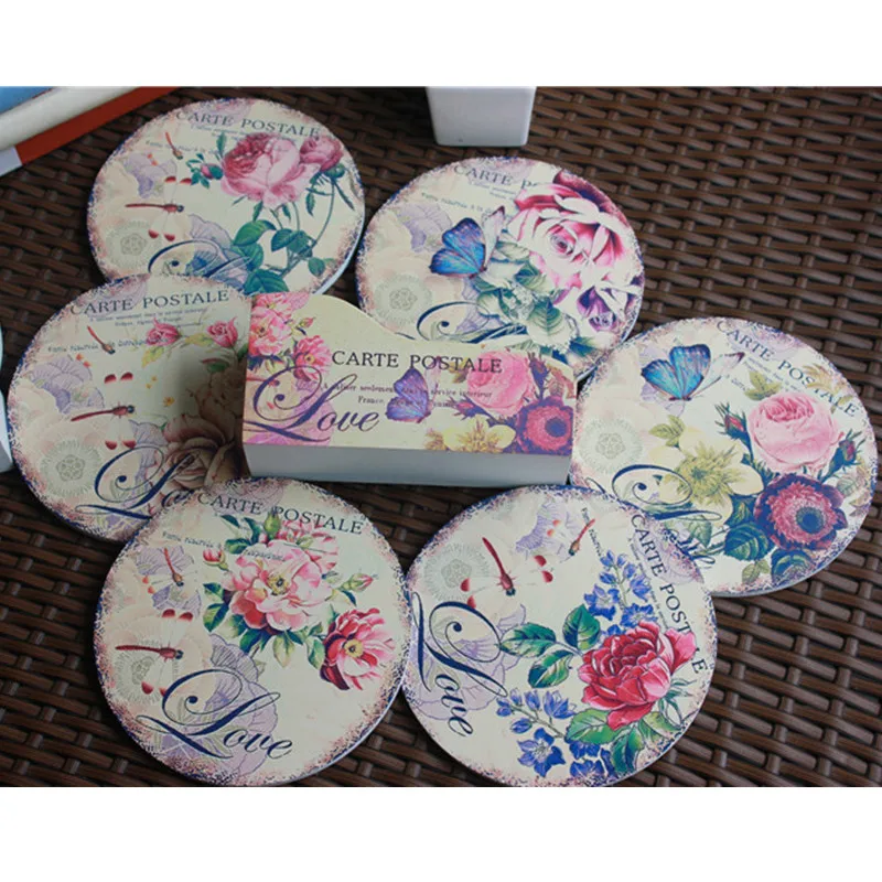 Creative gifts home decoration round 15cm 6pcs wood coasters+ box Bowl plate rose butterfly pad  insulation placemat table mat