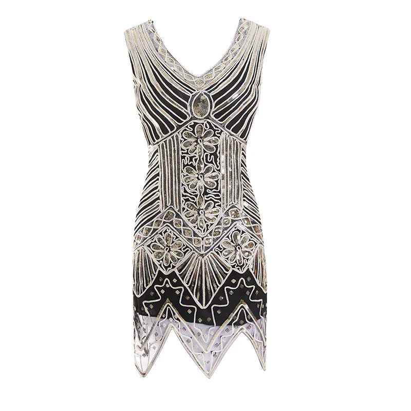 Women's 1920s Sequin Beaded Tassels Hem Flapper Dress Sleeveless Gold Thread Embroidery Fringe Great Gatsby Party Dress