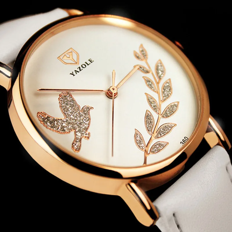 YAZOLE Fashion Rose Gold Watch Luxury Crystal Watch Women Watches Leather Ladies Watch Clock saat bayan kol saati reloj mujer