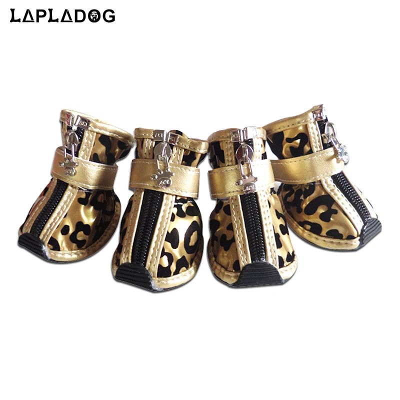 4pcs/set Gold Leopard Leather Pet Dog Shoes PU anti-slip Boot for small dogs Teddy dog cat Waterproof shoes Puppy Booties ZL353