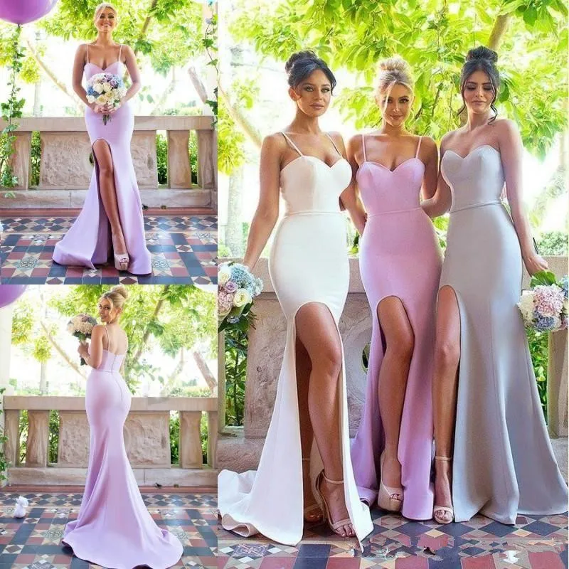 2019 Desain Baru Long Mermaid Bridesmaid Gaun Spaghetti Tali Ini dengan Harga Murah Tinggi Sisi Split Pengiring Pengantin Gaun Pernikahan Murah