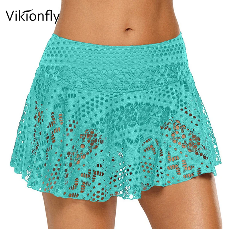 Vikionfly Lace Up Beach Dress Bikini Bottom Surfing Shorts With Skirt Women\'s Swimming Trunks Crochet High Waist Swimwear Pants