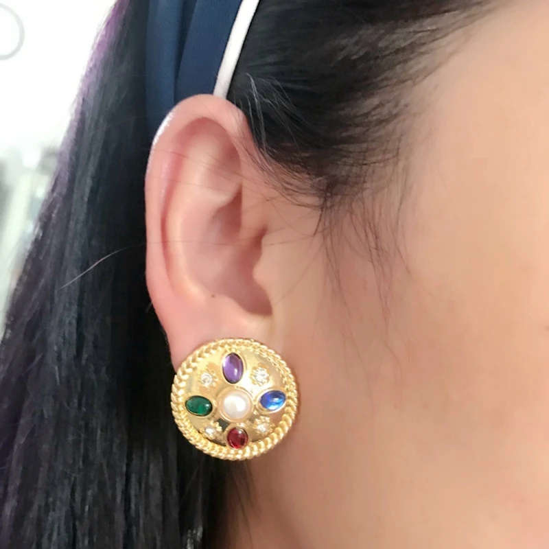 Fashion New Sweet Round Mixed Color Clip Earrings Vintage Jewelry