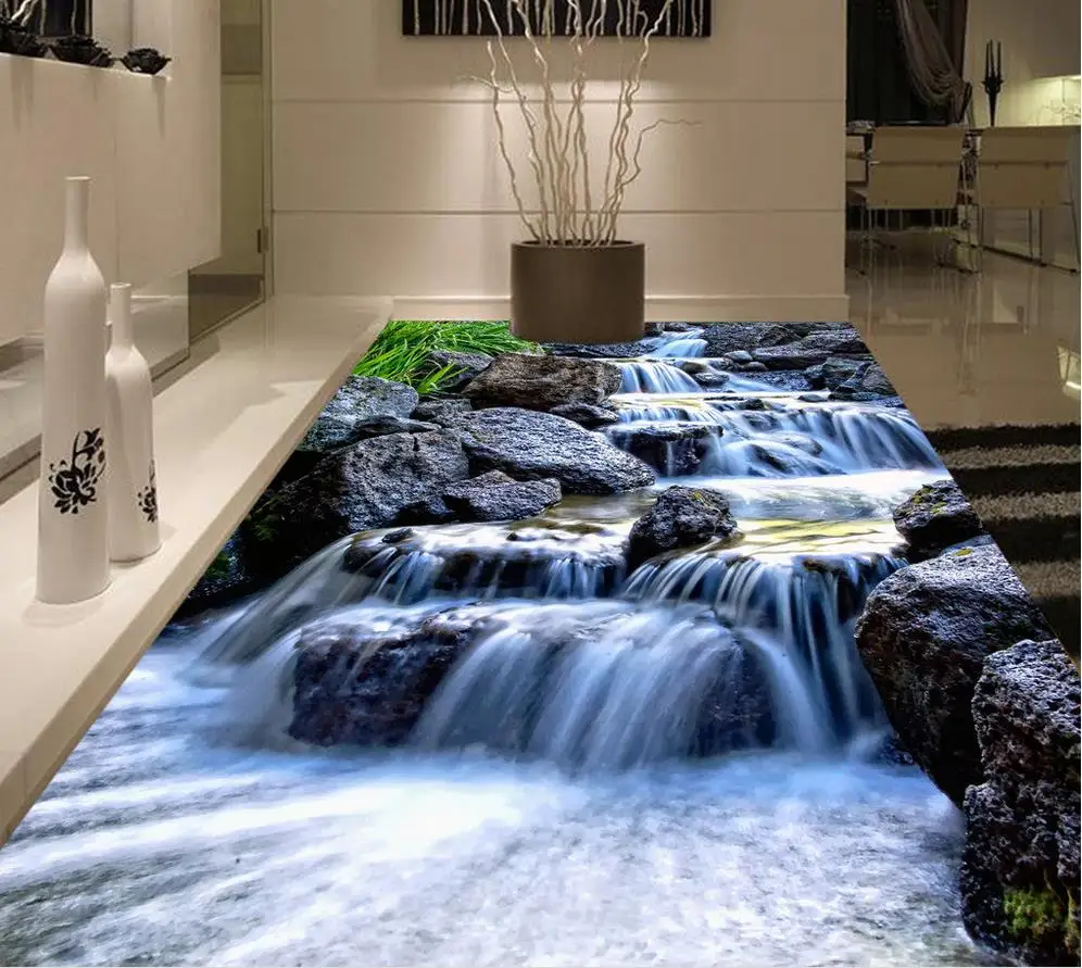 3d floor painting wallpaper Stream water stone 3D floor painting waterproof wallpaper for bathroom wall