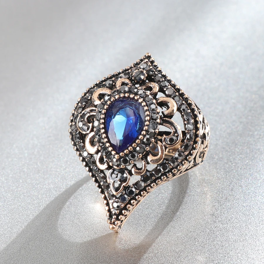 Kinel Fashion Indian Blue Crystal Ring For Women Ancient Gold Color Bohemia Rings Vintage Jewelry Wholesal 2018 New