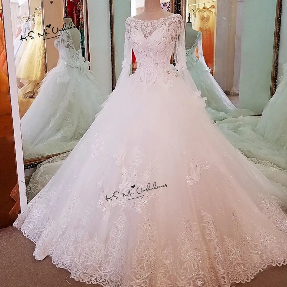 Vestido de Noiva Princesa فساتين زفاف فاخرة 2018 كم طويل كريستال الخرز فساتين الزفاف الترتر سباركي الكنيسة فستان عروس