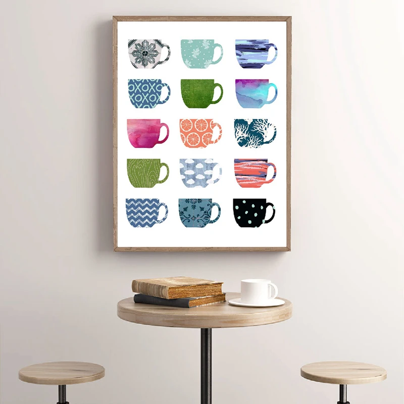 Coffee Art Print Multi Color Coffee Cups Canvas Poster Kitchen Wall Art Canvas Painting Wall Pictures Cafe Modern Decoration